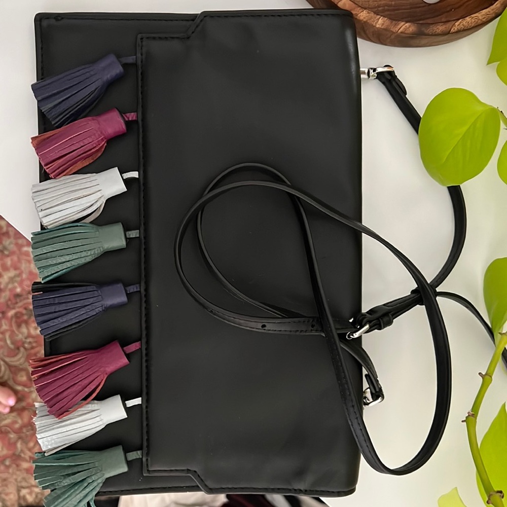 Rebecca Minkoff black leather purse with colorful tassels